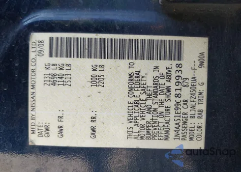 2009 Nissan Maxima 3.5 Sv из США, поврежденный, VIN 1N4AA51E99C819938